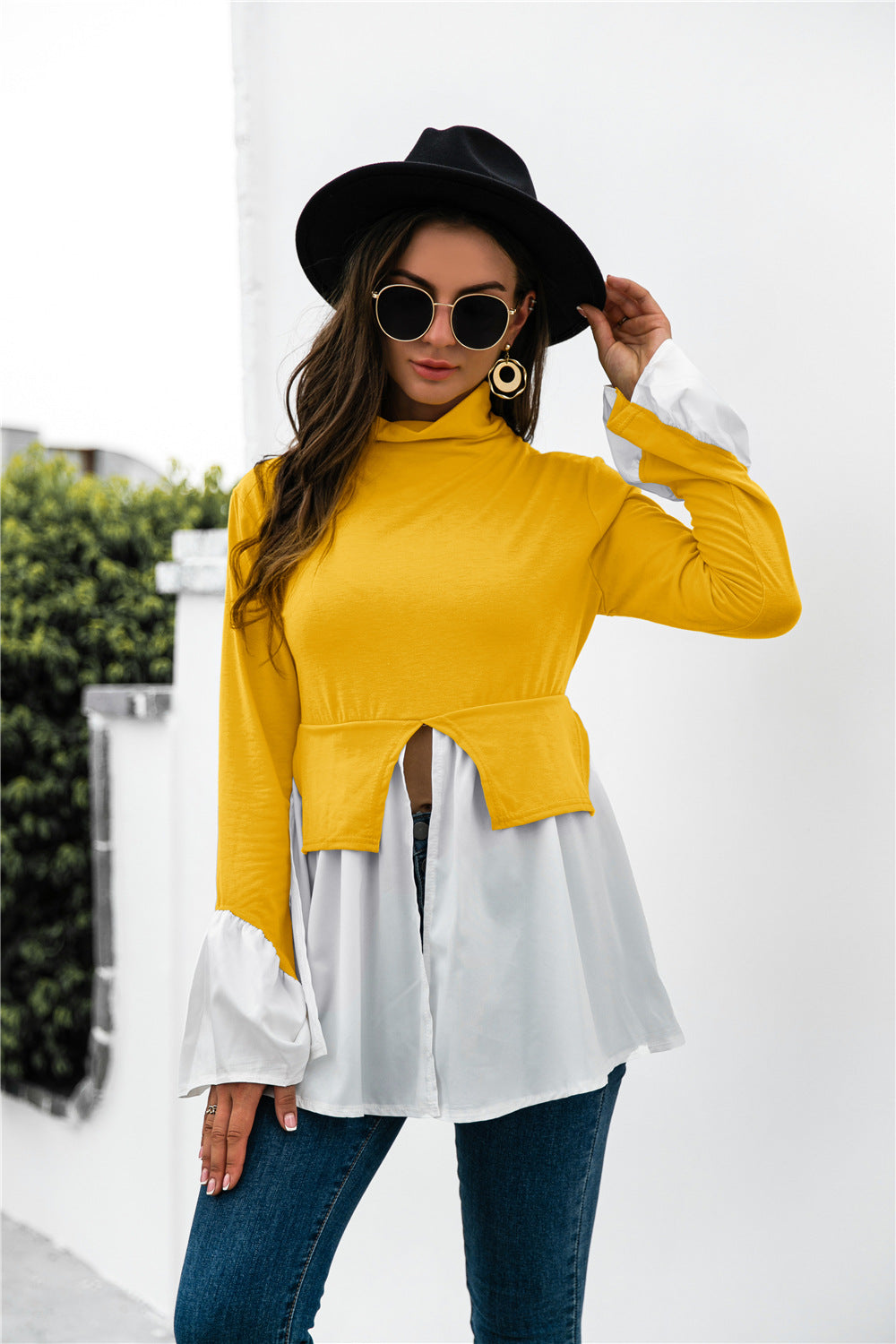 Color Block Patch Ruffle Hem Top