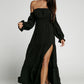 Off-Shoulder Smocked Split Tiered Maxi Dress