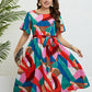 Plus Size Printed Round Neck Tie Belt Dress