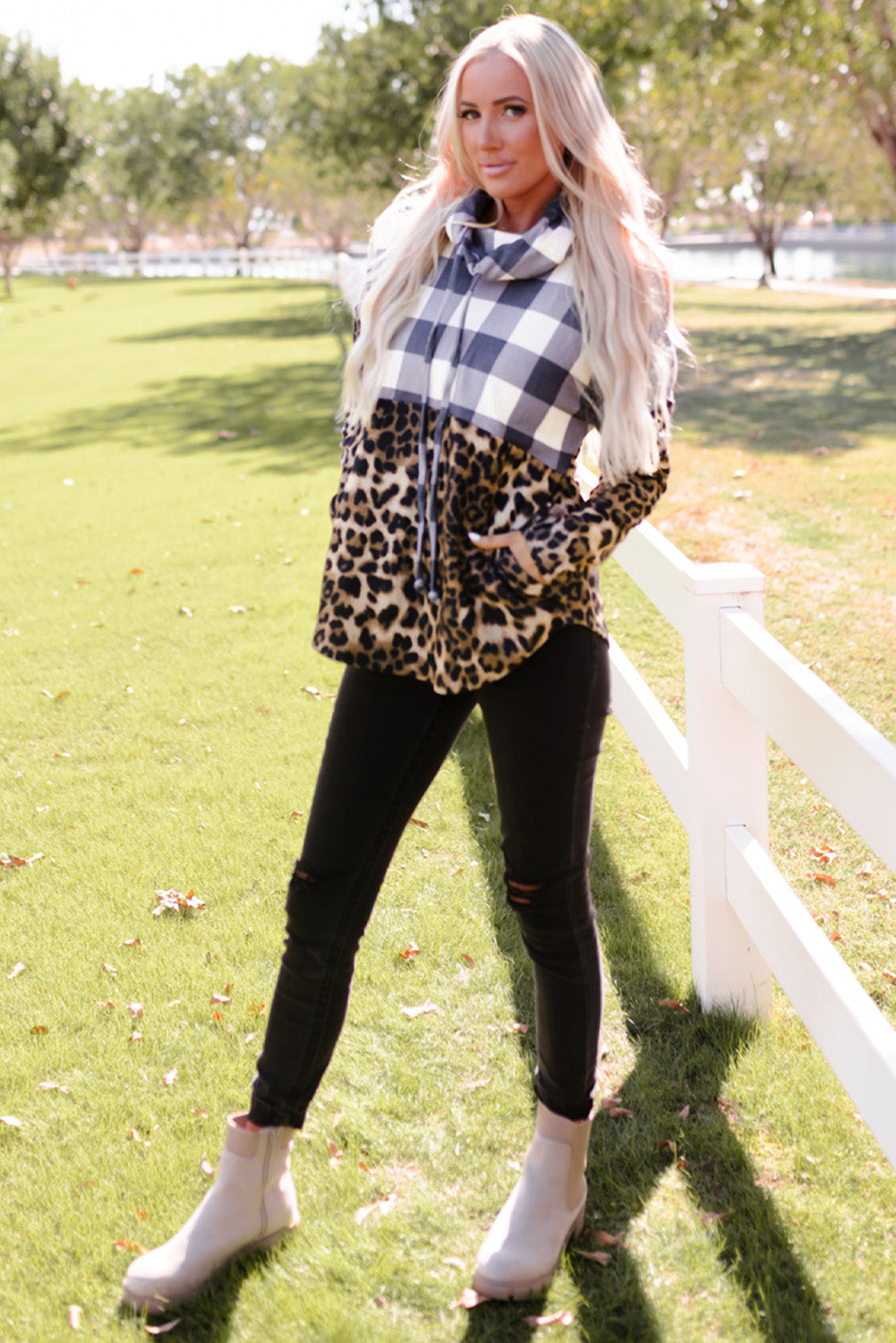 Leopard Plaid Cowl Neck Sweatshirt