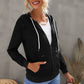 Distressed Zip Up Drawstring Detail Hoodie