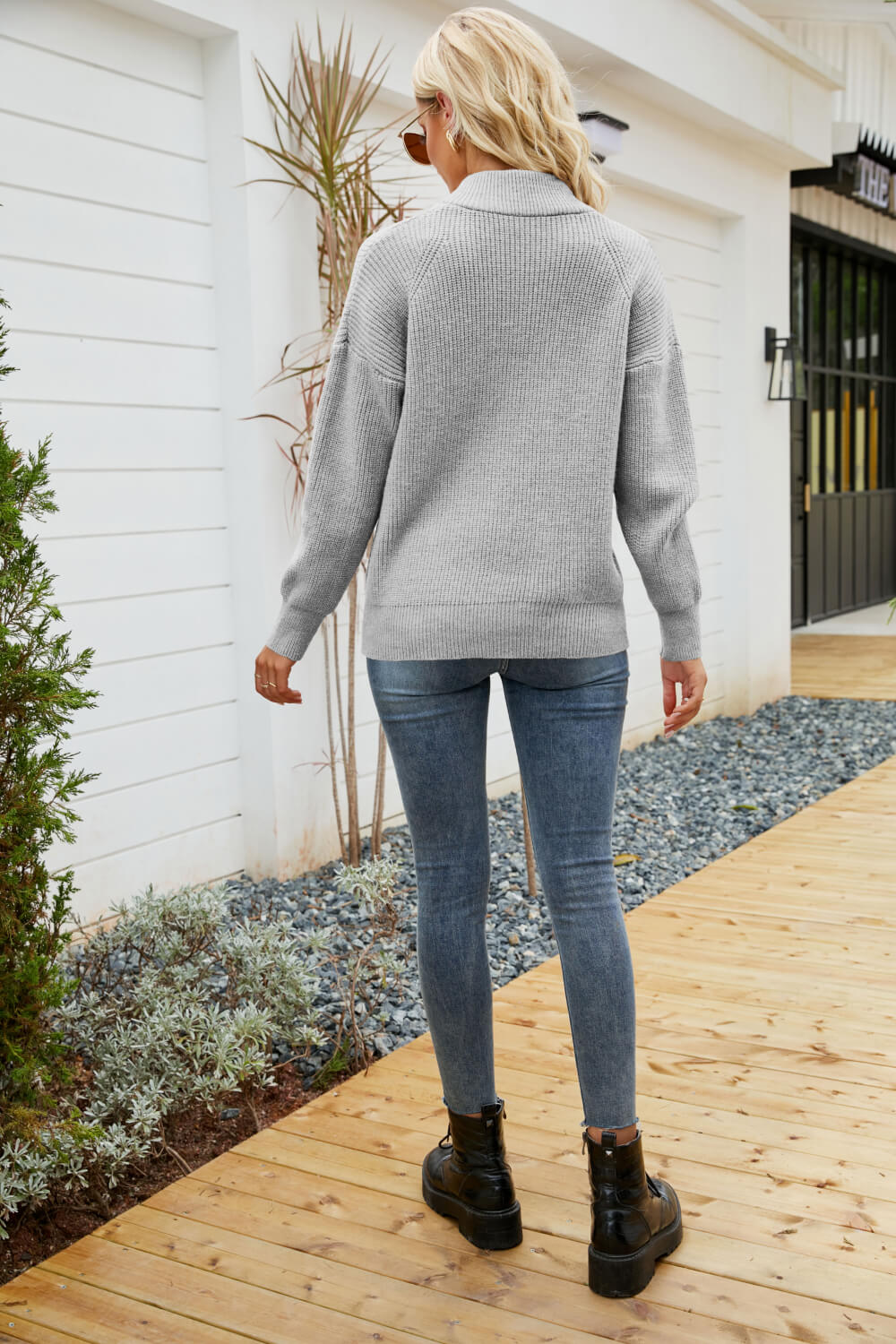 Quarter-Zip Rib-Knit Collared Sweater