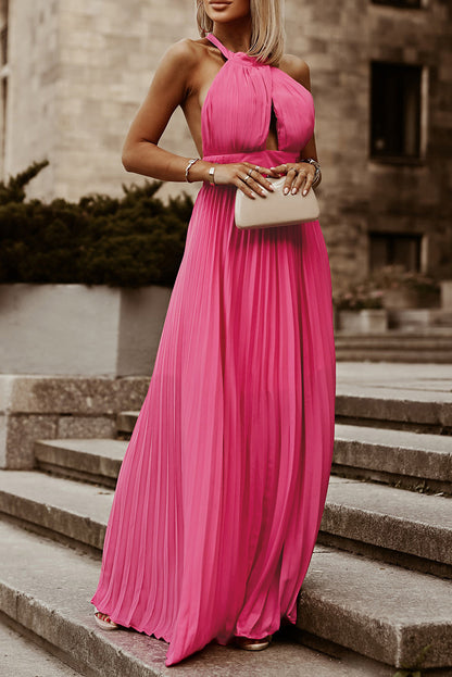 Pleated Halter Neck Backless Maxi Dress