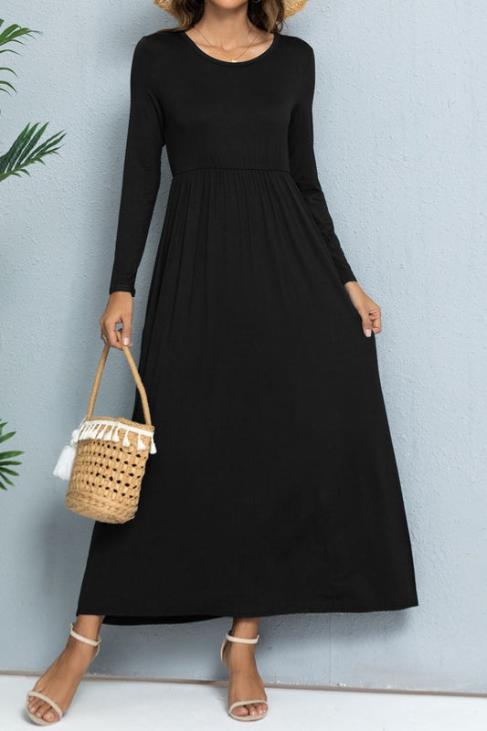 Long Sleeve Round Neck Maxi Dress with Pockets