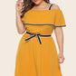 Plus Size Contrast Trim Cold-Shoulder Belted Dress