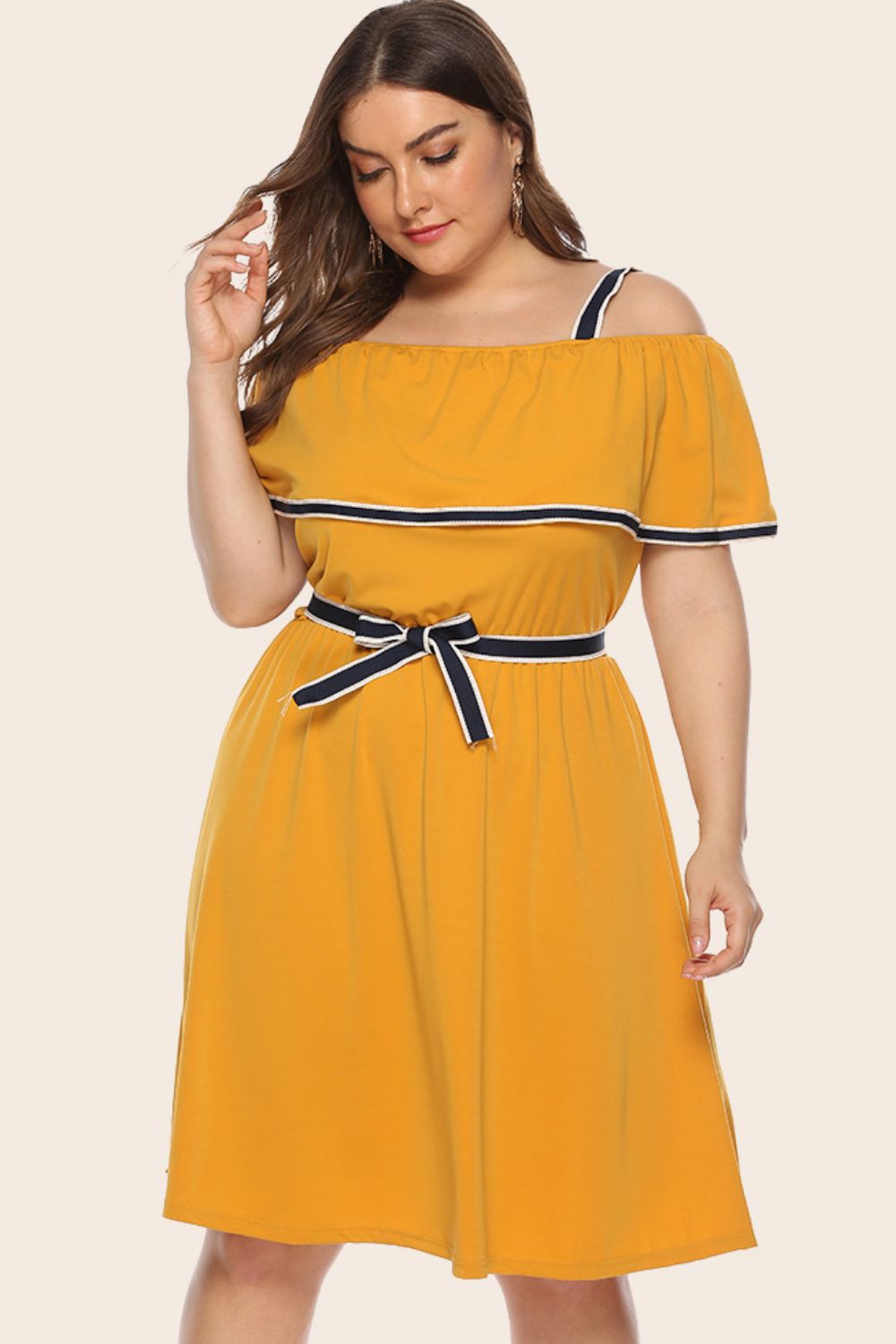 Plus Size Contrast Trim Cold-Shoulder Belted Dress