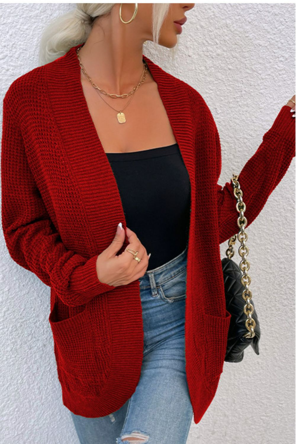 Ribbed Trim Longline Cardigan with Pockets