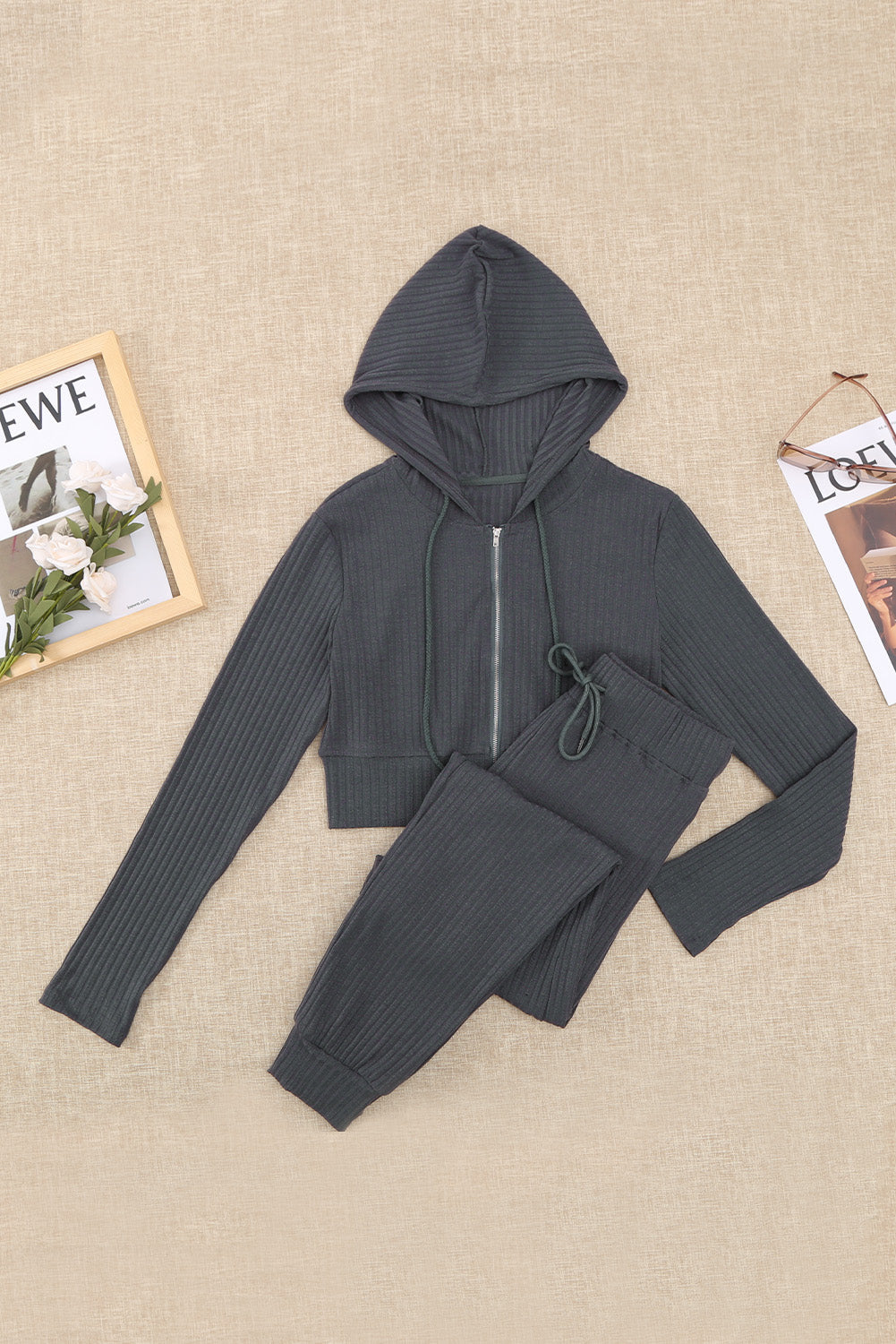 Zip-Up Ribbed Hoodie and Joggers Lounge Set