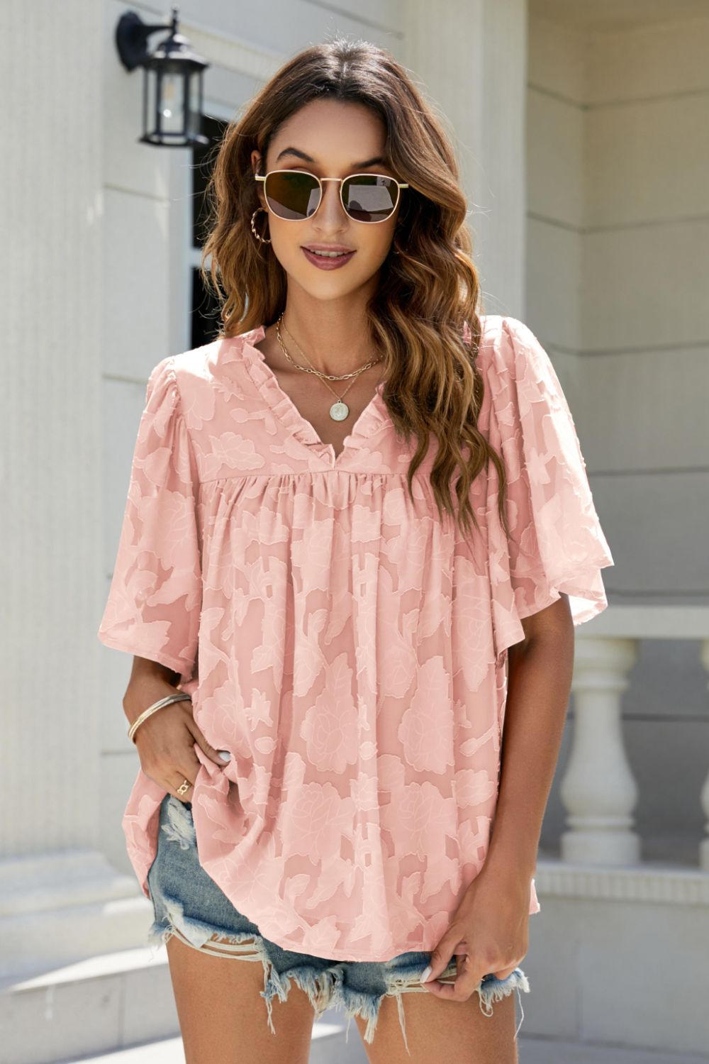Applique Frill Trim Flutter Sleeve Blouse