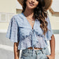 Swiss Dot Tied Flutter Sleeve Cropped Blouse