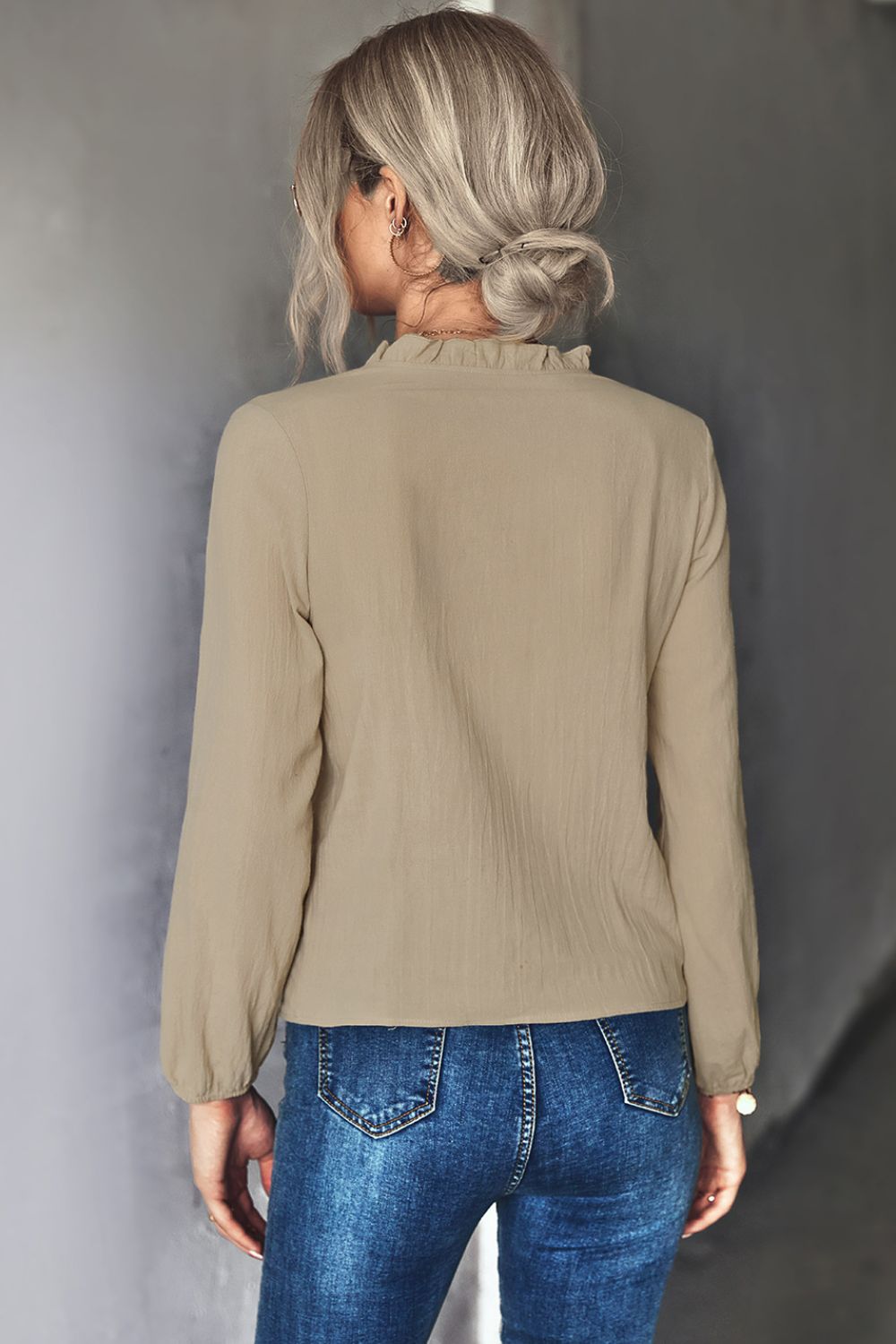 Frill Trim Button Down Long Sleeve Top