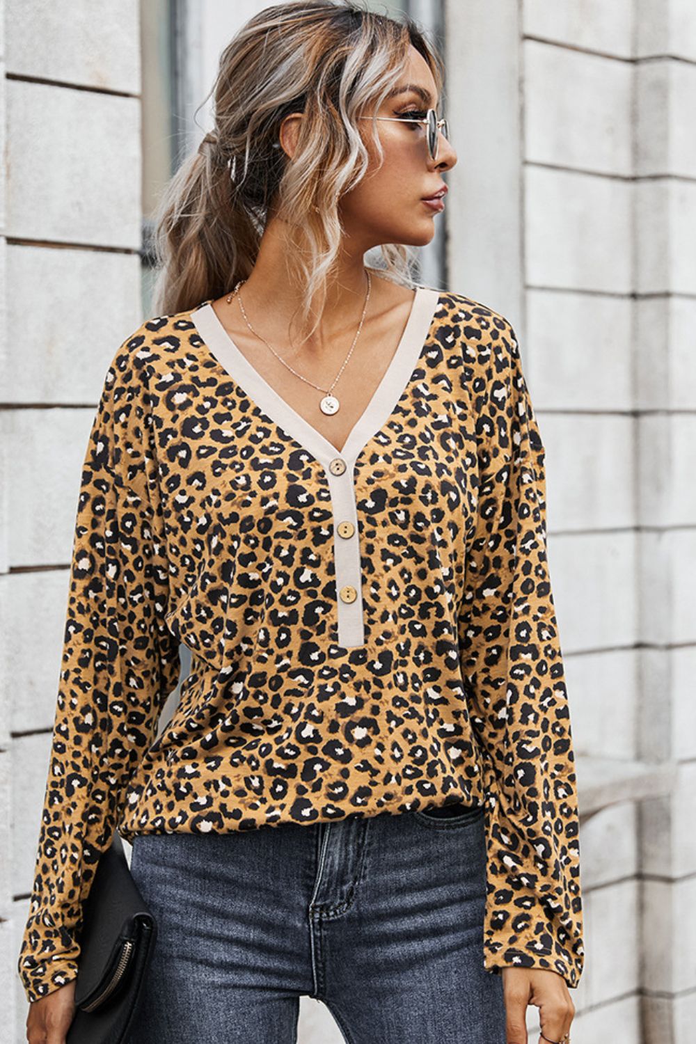 Leopard Buttoned Contrast Trim Top