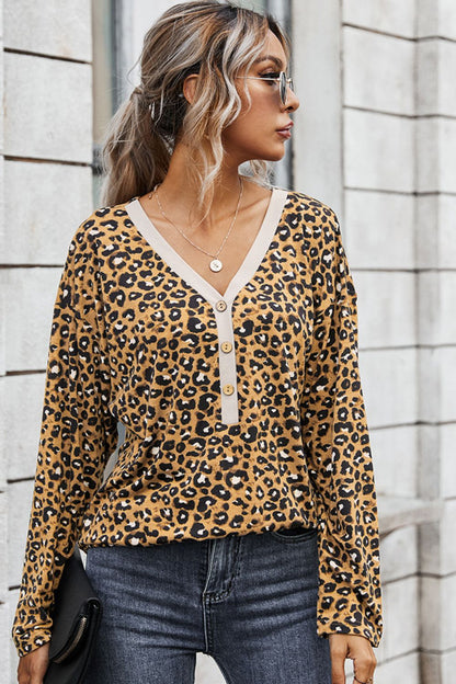 Leopard Buttoned Contrast Trim Top