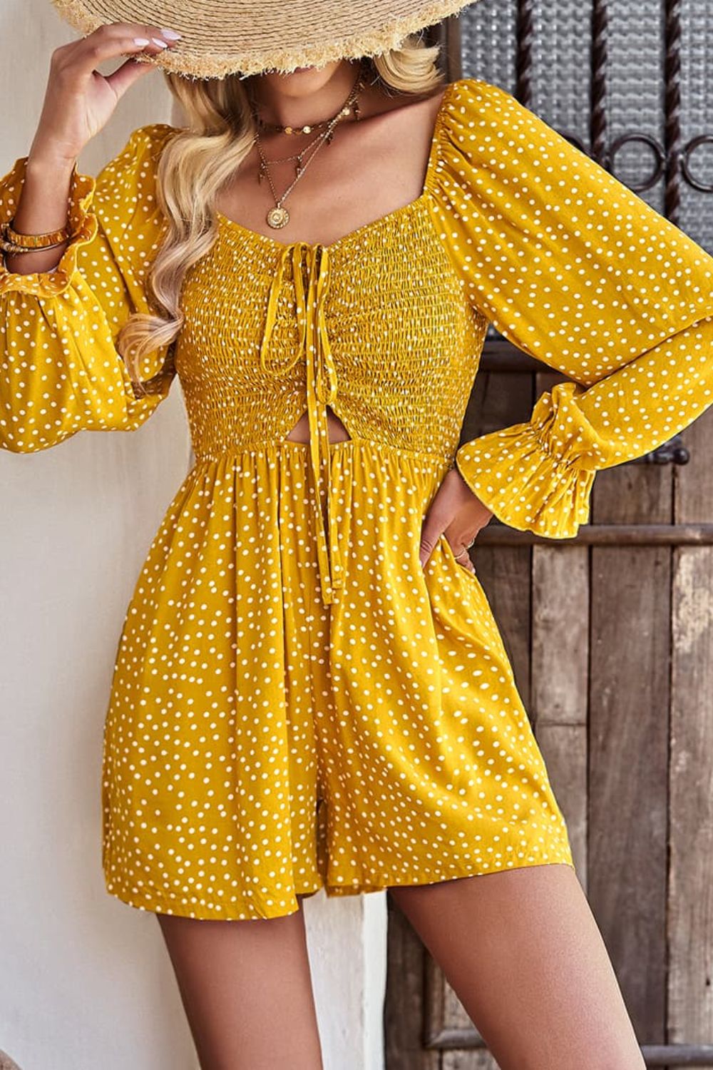 Polka Dot Ruched Smocked Flounce Sleeve Romper