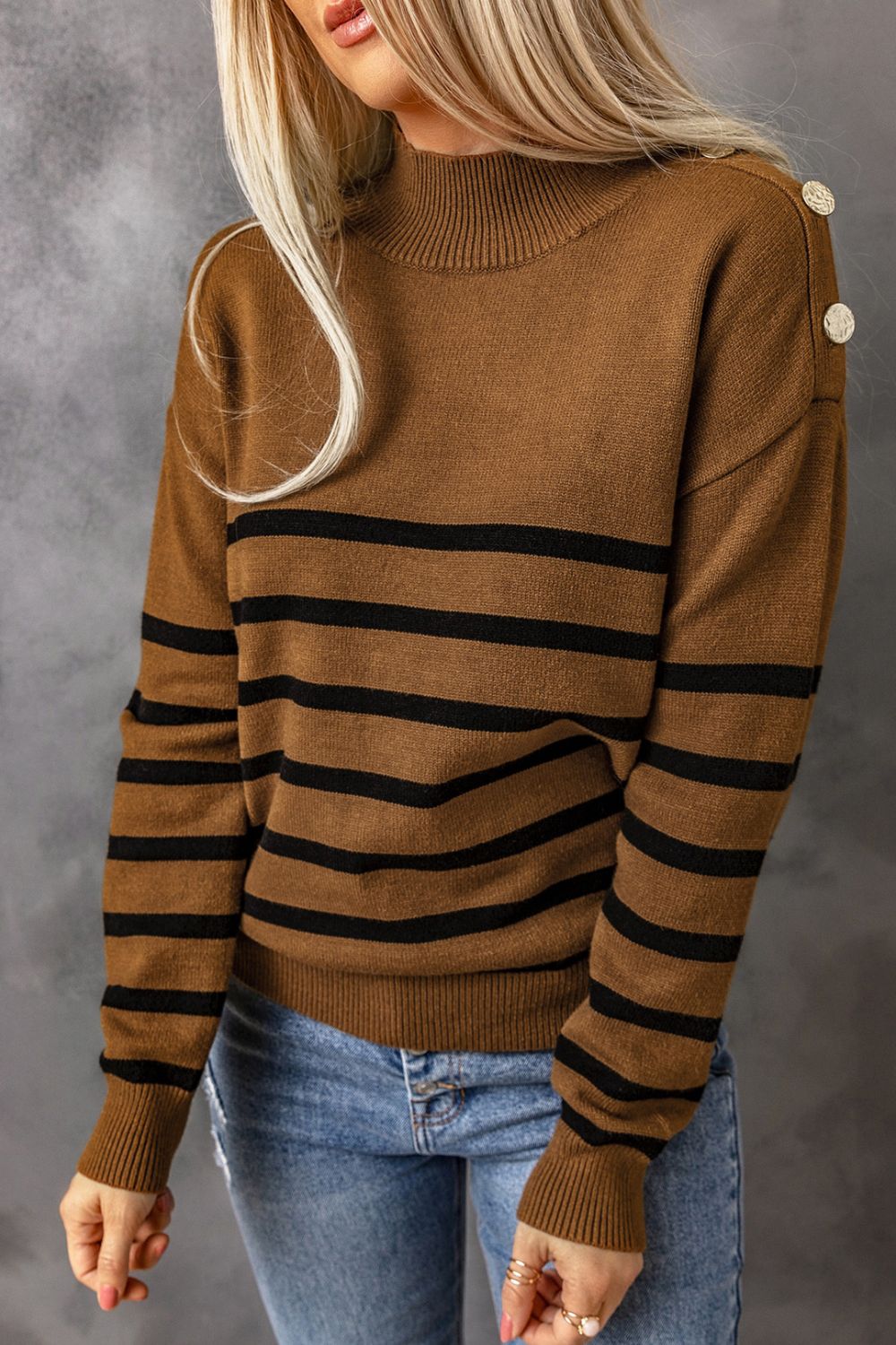 Striped Button Detail Mock Neck Sweater