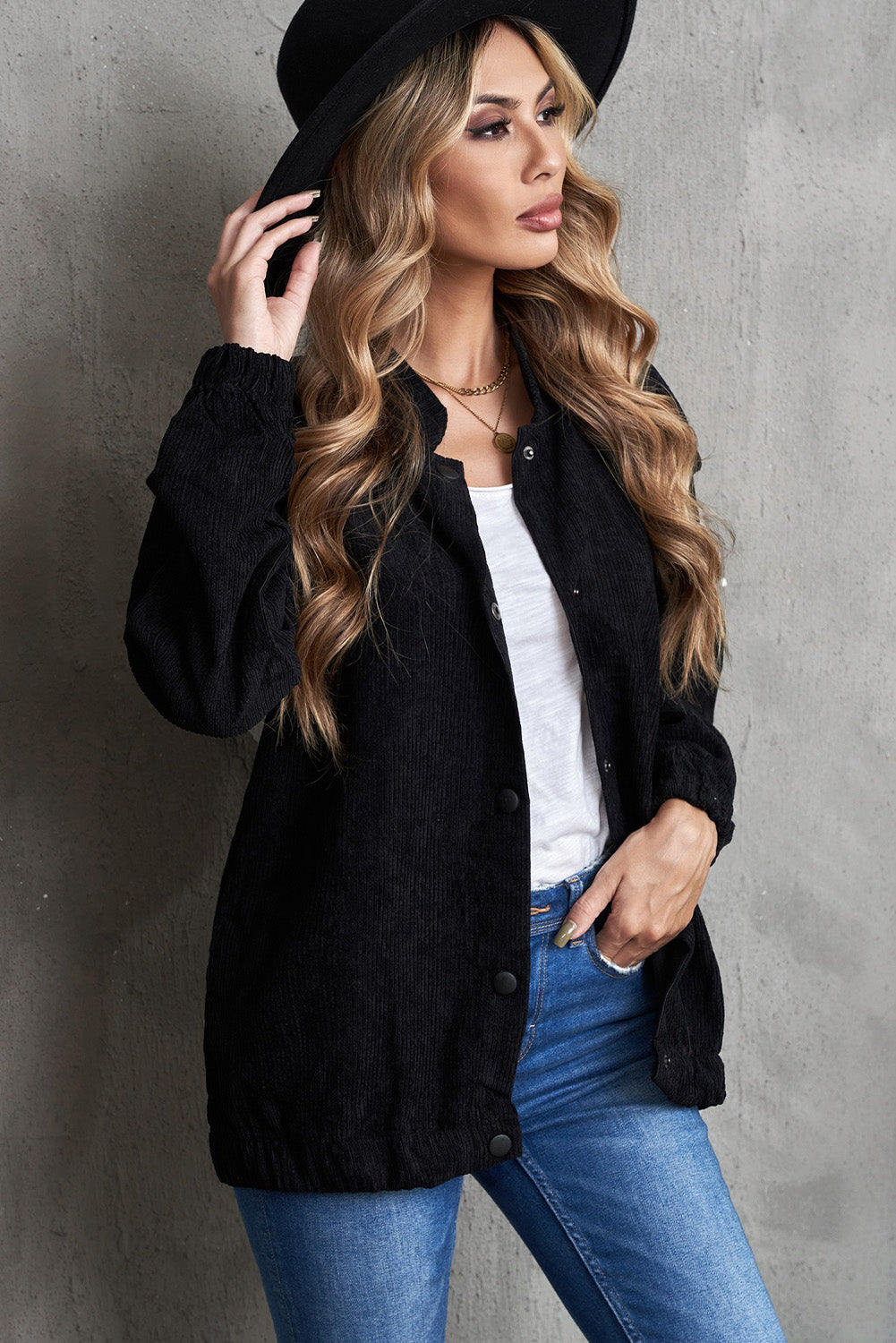 Snap Front Shoulder Detail Corduroy Shacket