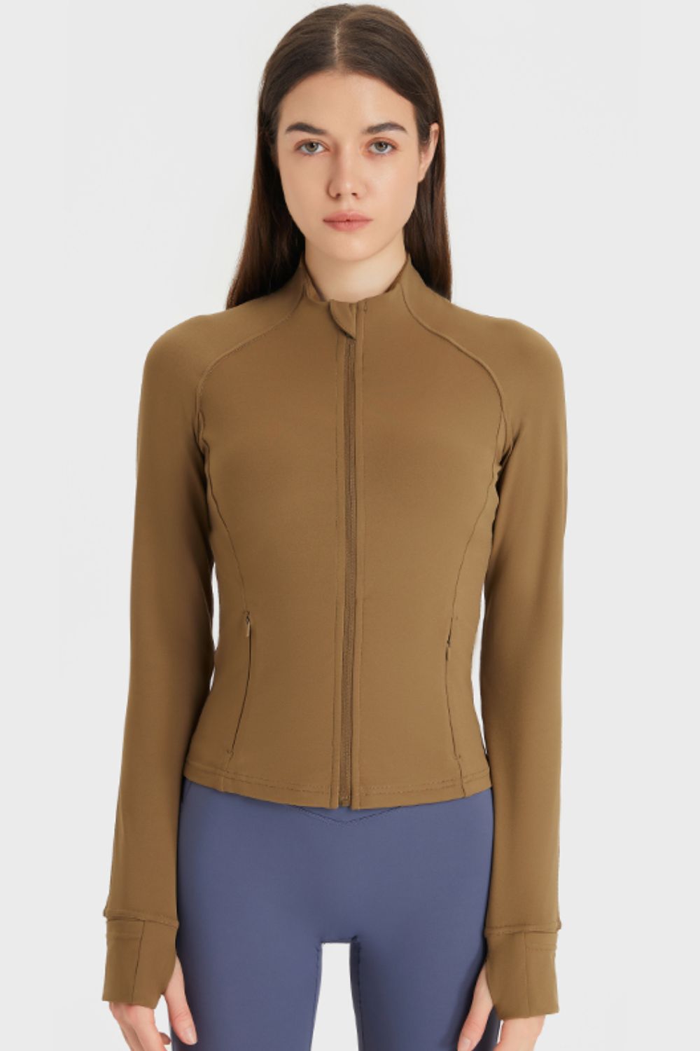 Zip Up Thumbhole Sleeve Sports Jacket with Pockets