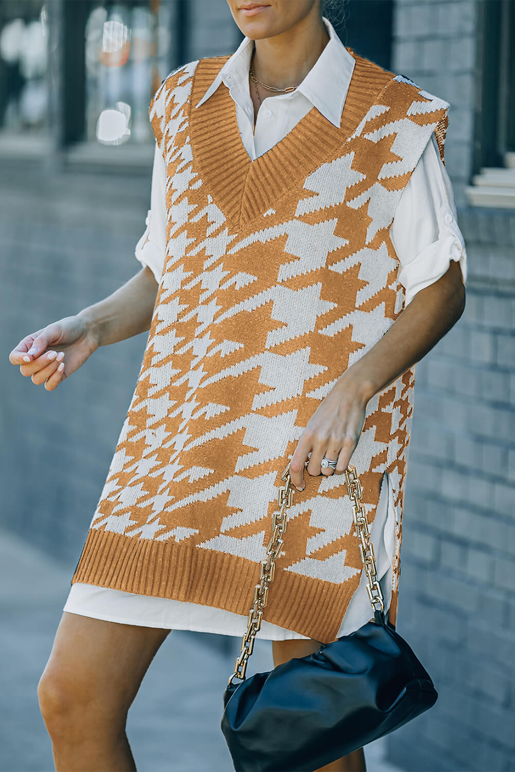 Houndstooth Side Slit Ribbed Sweater Vest Dress