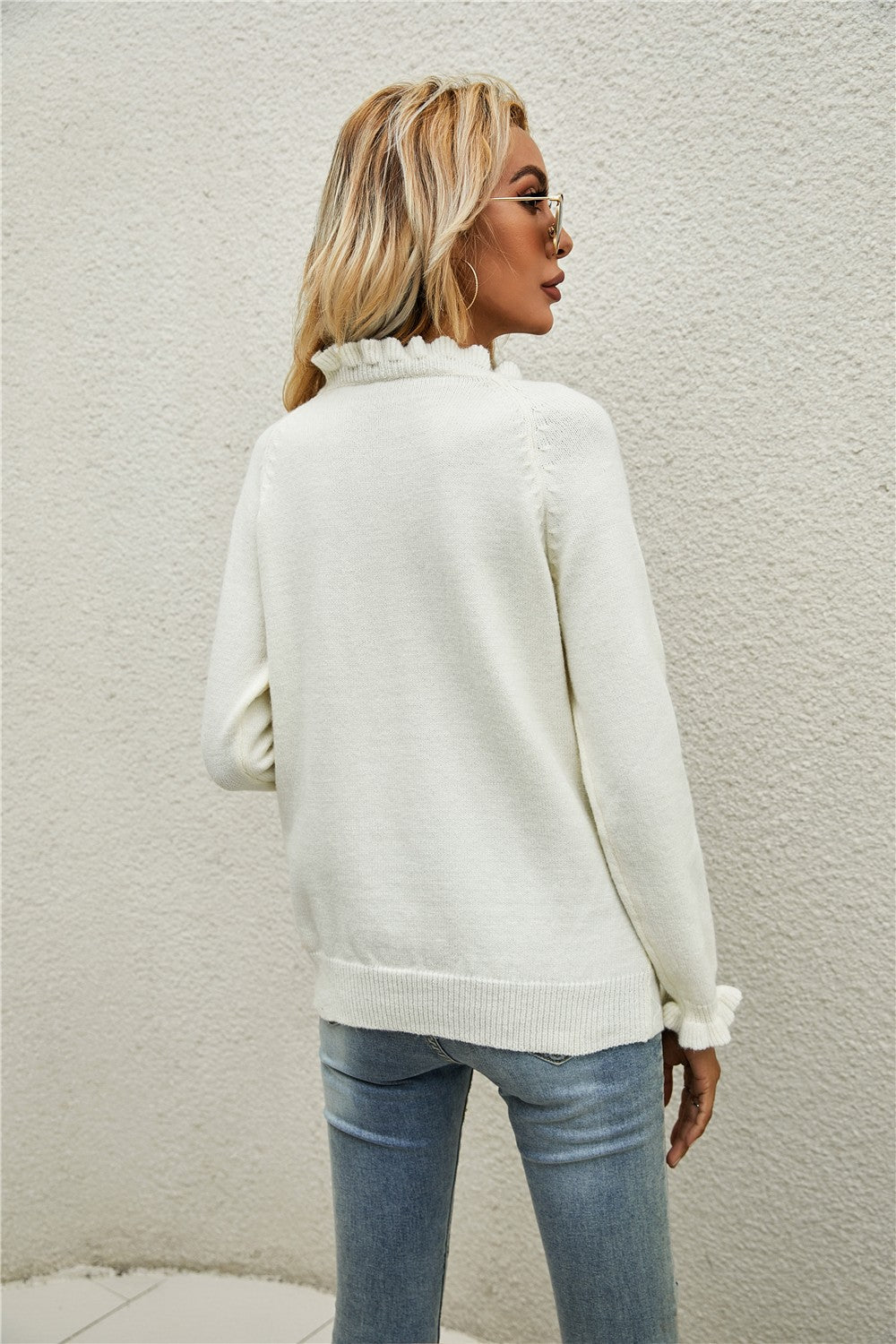 Half-Button Frill Trim Raglan Sleeve Sweater