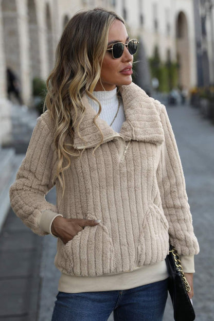 Asymmetrical Quarter-Zip Fleece Sweatshirt with Pockets