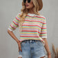 Striped Openwork Half Sleeve Knit Top