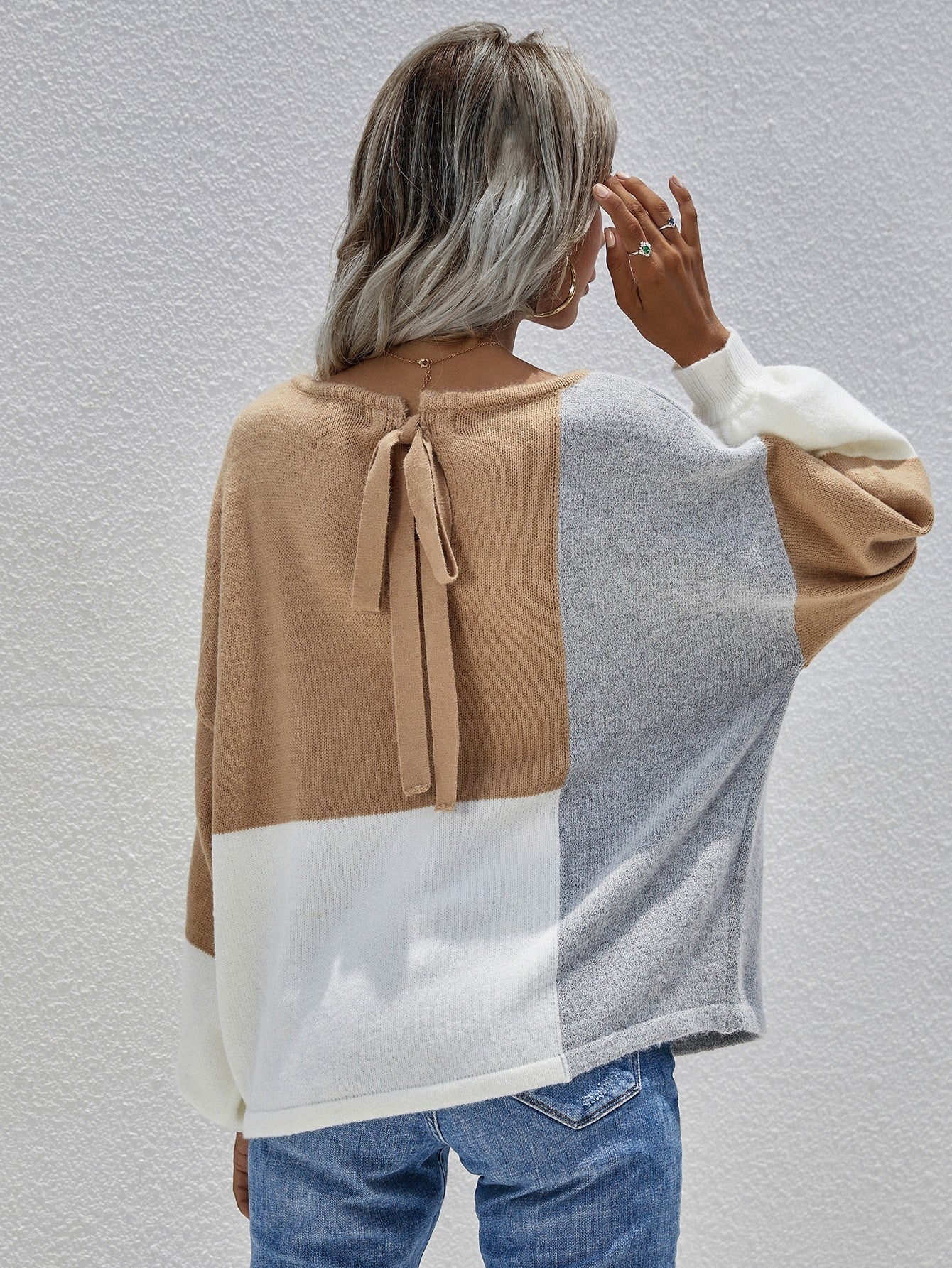 Color Block Tie-Back Dropped Shoulder Knit Pullover