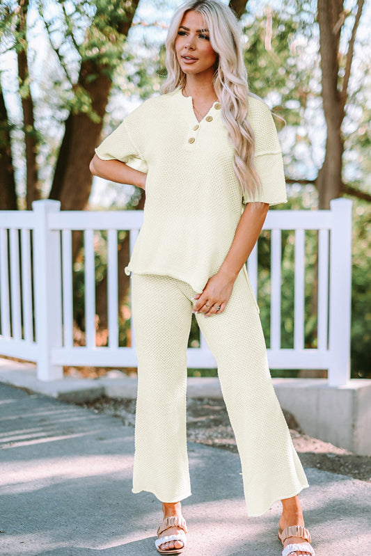 Quarter Button Knit Top and Wide Leg Pants Lounge Set