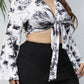 Plus Size Printed Tie Front Flare Sleeve Crop Top