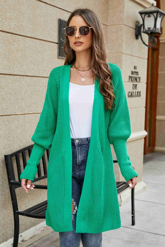 Lantern Sleeve Rib-Knit Open Front Longline Cardigan