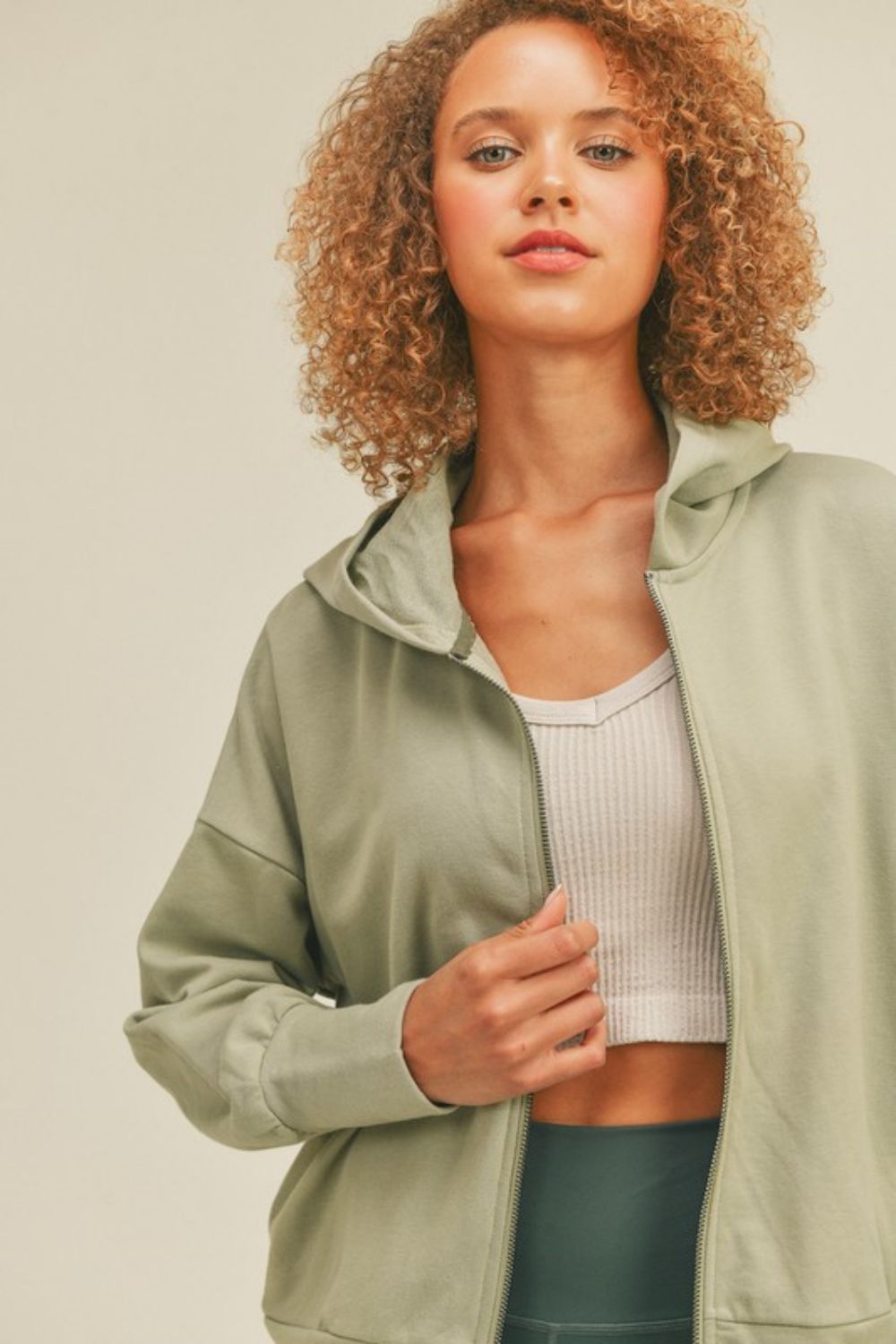 Kimberly C Full Size Zip-Up Drop Shoulder Hooded Jacket in Sage