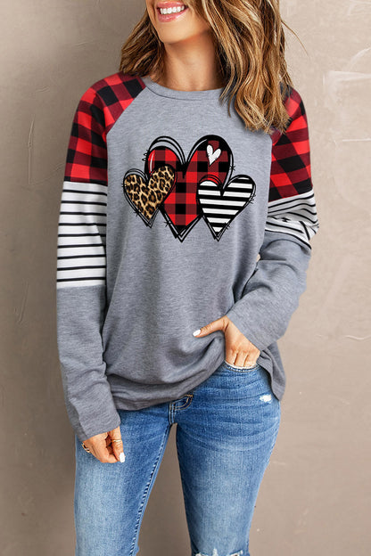 Mixed Print Heart Graphic Raglan Sleeve Top