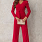 Belted Long Puff Sleeve V-Neck Jumpsuit