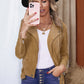 Belted Lapel Collar Zip Up Suede Jacket