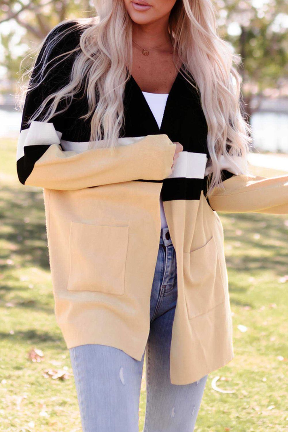 Color Block Open Front Pocketed Longline Cardigan
