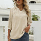 Swiss Dot Notched Neck Three-Quarter Sleeve Blouse