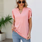 Pom-Pom Trim Petal Sleeve Notched Neck Top