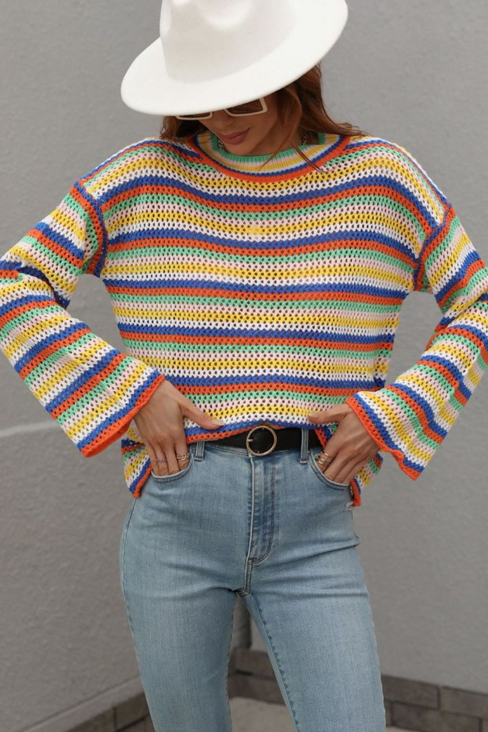 Multicolored Stripe Drop Shoulder Round Neck Sweater
