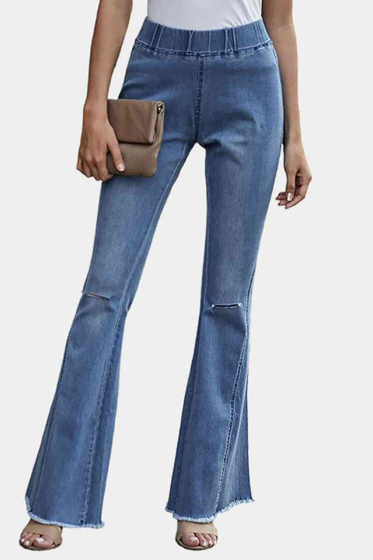High Waist Slits Raw Edge Flare Jeans