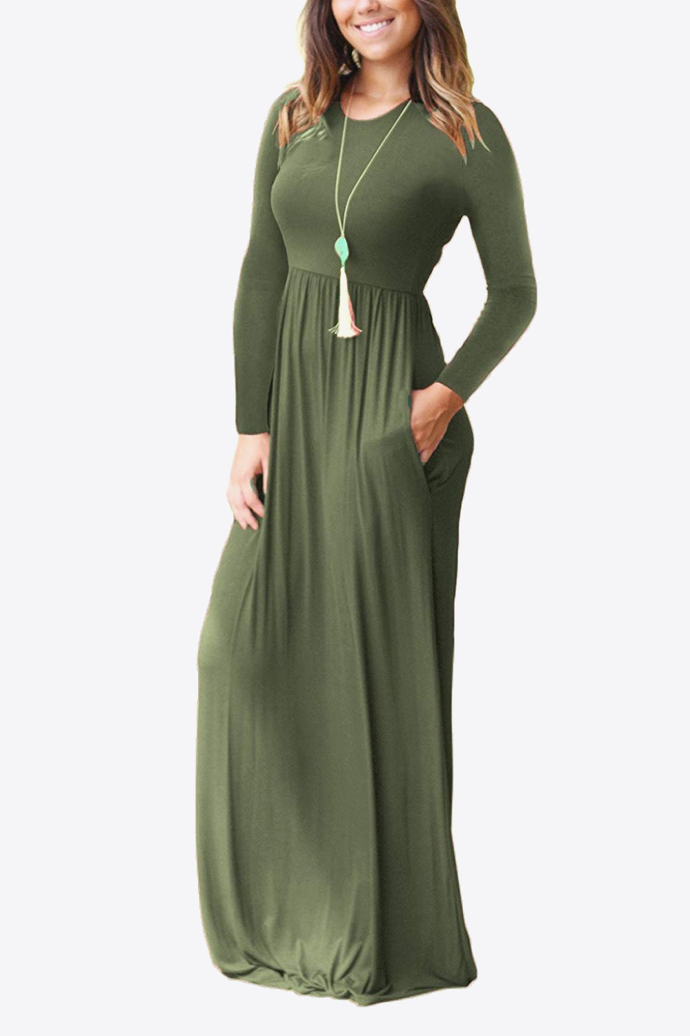 Round Neck Empire Waist Pocket Dress