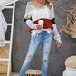 Color Block Distressed V-Neck Ribbed Sweater