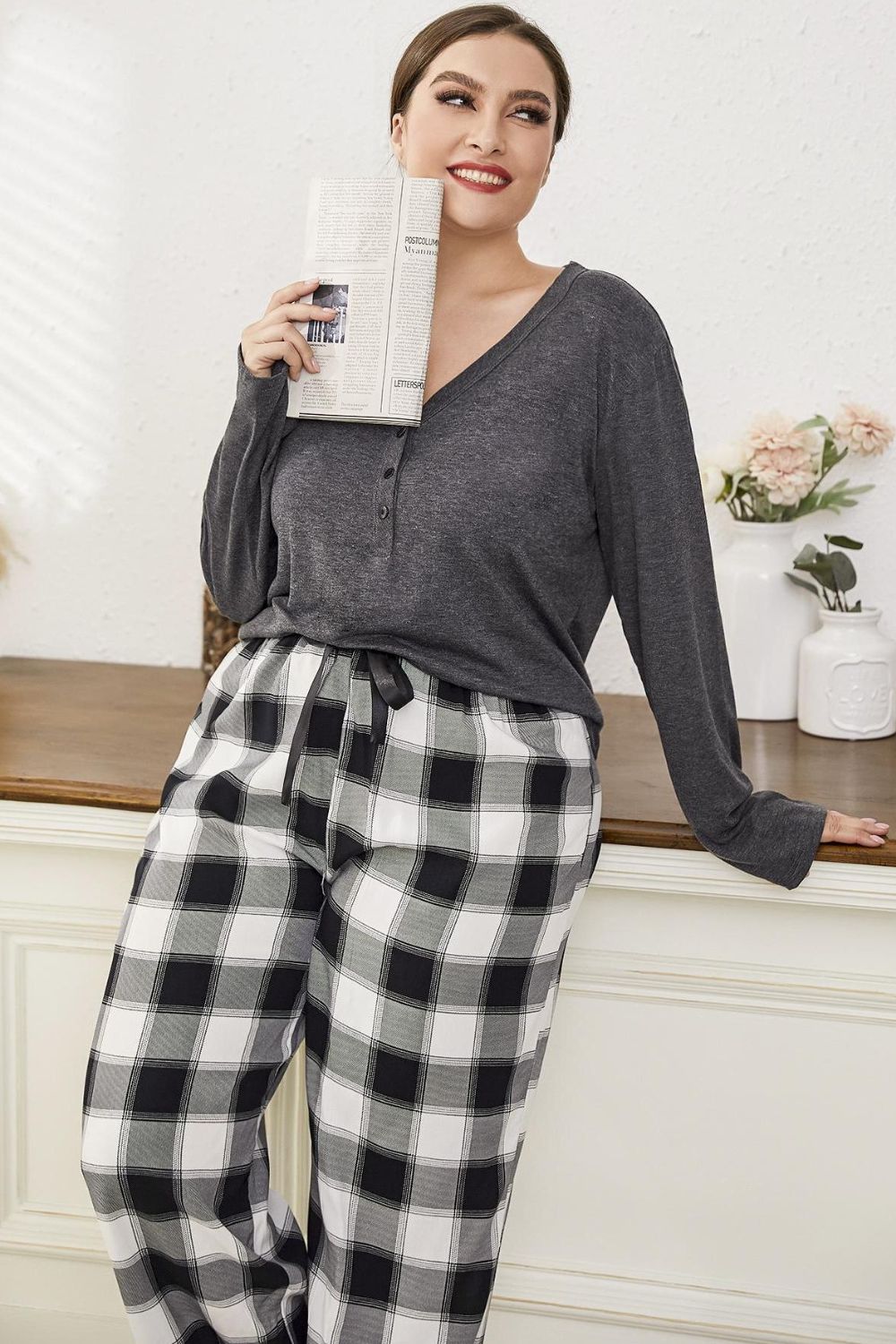 Plus Size Long Sleeve Top and Plaid Pants Lounge Set