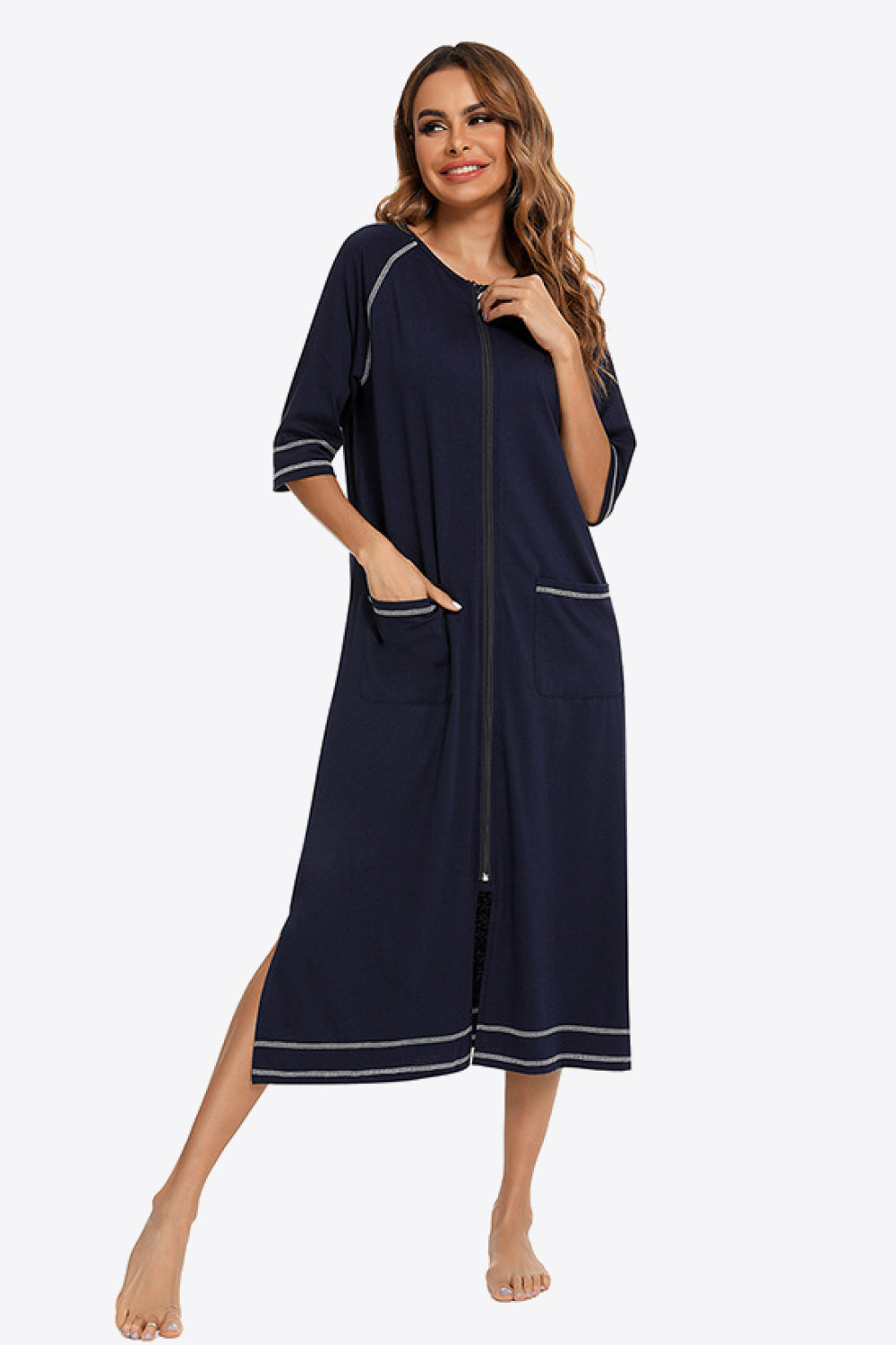 Zip Up Slit Night Dress with Pockets