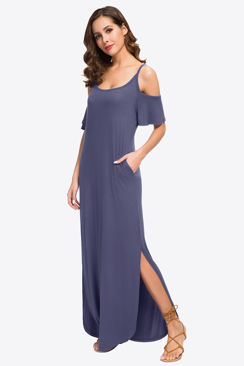 Cold-Shoulder Split Maxi Dress with Pockets