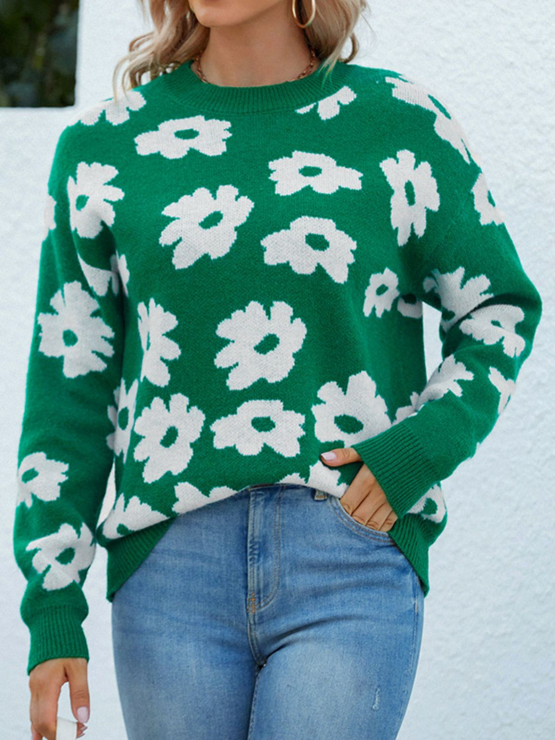 Floral Ribbed Trim Knit Sweater