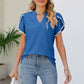 Pom-Pom Trim Petal Sleeve Notched Neck Top