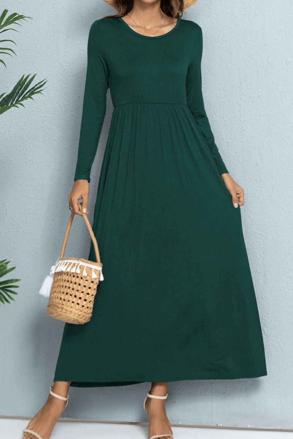 Long Sleeve Round Neck Maxi Dress with Pockets