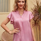 Flutter Sleeve Notched Neck Satin Blouse