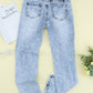Acid Wash Belted Button Fly Distressed Jeans
