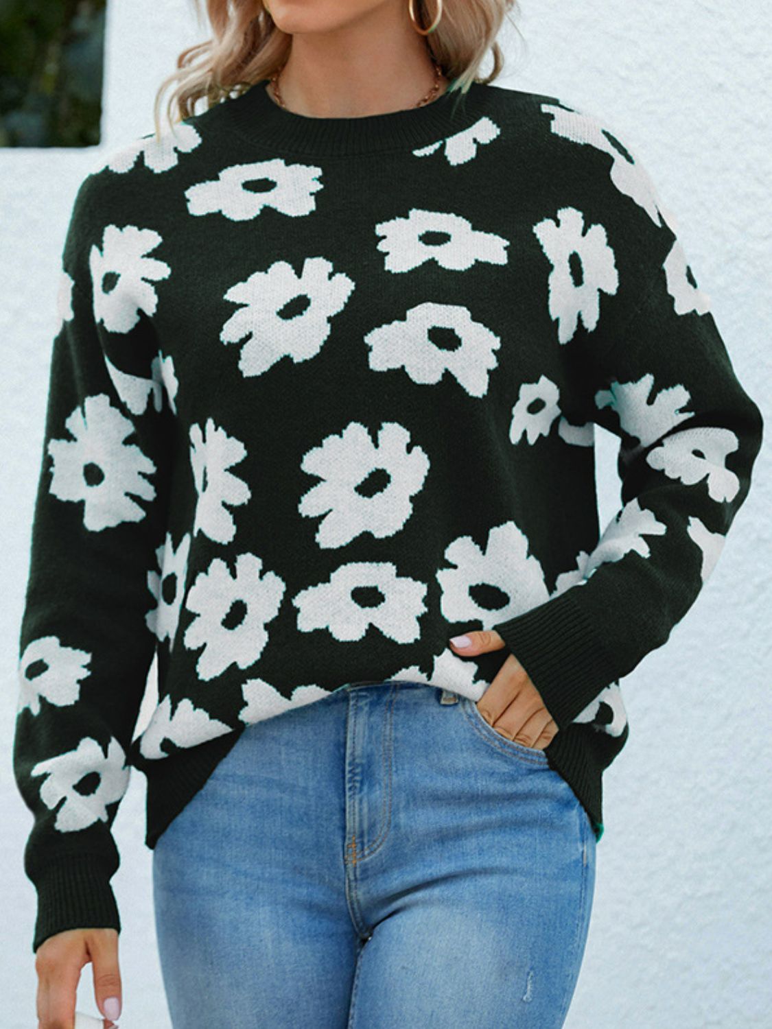 Floral Ribbed Trim Knit Sweater