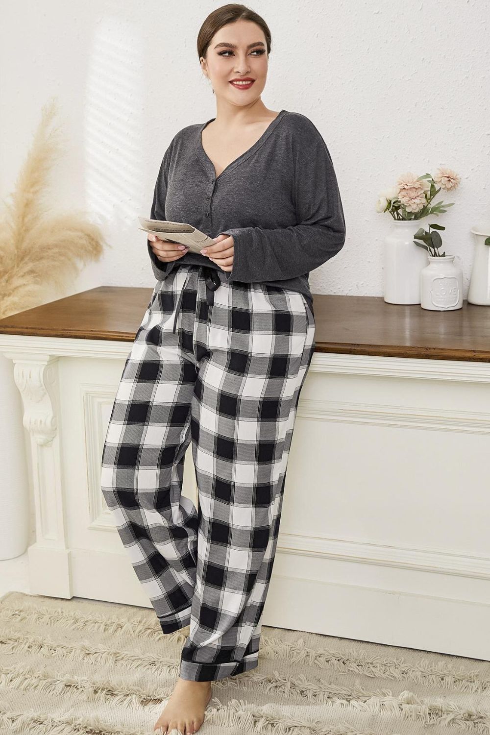 Plus Size Long Sleeve Top and Plaid Pants Lounge Set